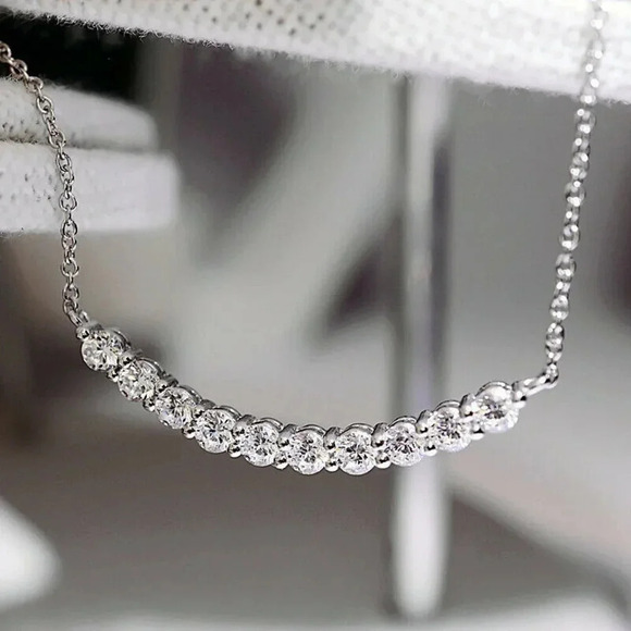 NEW 925 Sterling Silver Diamond Curve Bar Necklace - Picture 2 of 5